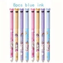 Set di 8 penne cancellabili creative da 0,5 mm con design di astronauta, animale, panda, unicorno, con inchiostro blu, anima cancellabile, manico lavabile, forniture per ufficio e articoli di cartoleria per il ritorno a scuola