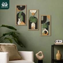 3pcs Boho Hollow Craft Wooden Painting Decoration, Vases, Plants, And Banana Leaves Elements, Bohemian Wall Art Decor For Home Farmhouse Living Room Bedroom Office Studio, Gift - Multicolor - View 1