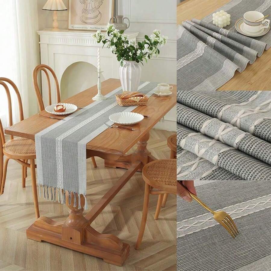 1PC Embroidery Cotton Linen Table Runner Indoor Outdoor Farmhouse Style Coffee Table Runner 90cm With Hand-Tassels For Party Dining Kitchen Decorations - Grey - View 1
