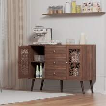 Sideboard Buffet Cabinet With Storage, Bar Liquor Cabinet With Rattan Decorated Doors, Vintage Side Cabinet For Dining Room, Living Room,Hallway - Brown - View 2