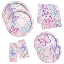 10 Stücke Schmetterlingsmuster Pappteller, Becher, Servietten, Einwegteller, Party Teller Kuchen Dessert Teller, Geschirr-Set Zubehör für Hochzeit, Alltag, Abendessen, Geburtstag, Ferien, Picknick, Abschluss Rosa - Verschiedenfarbig - Übersicht 3