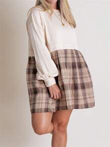 Women Autumn Short T-Shirt Dress Long Sleeve Round Neck Plaid Print Patchwork Dress - 卡其色 - 查看 4