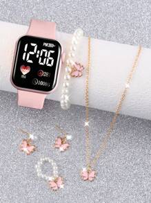 5 pièces/set Montre électronique avec affichage numérique en forme de cœur, ensemble cadeau sport décontracté pour femmes/filles