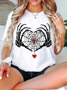 Women's Skull Spider Web Print T-Shirt, Summer Casual, Fashionable, Comfortable, Soft, Everyday Outdoor Sports Fitness, Breathable Crew Neck Short Sleeve T-Shirt