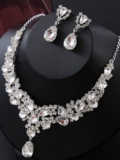 Exaggerated Fashion Crystal Necklace Earrings Set, Metal Fully Paved Diamond For Bride Wedding Gown, Evening Dress Accessories