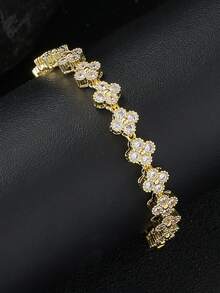 1 Piece Flowers White Zirconia Bracelet ,Fine Jewelry Brass 18K Gold Plated Romantic Gift For Women - Gold - View 4