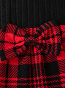 Girls Solid Color Panel Heart Net Mesh Long Sleeve Top + Bowknot Plaid Skirt Set