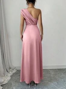 优雅性感不对称领口露肩高开衩 A 字型派对长款缎面连衣裙，适合毕业派对、婚礼、生日派对和晚会，新款女装 - 粉色 - 查看 3