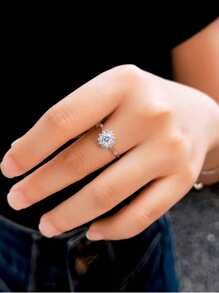 1pc 5A Grade Cubic Zirconia Sparkling Eternity Flower Shape Solid 925 Sterling Silver Wedding, Party & Engagement Ring For Women, Fine Bridal Jewelry Gift Valentines - White - View 3