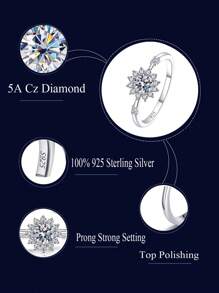 1pc 5A Grade Cubic Zirconia Sparkling Eternity Flower Shape Solid 925 Sterling Silver Wedding, Party & Engagement Ring For Women, Fine Bridal Jewelry Gift Valentines - White - View 5