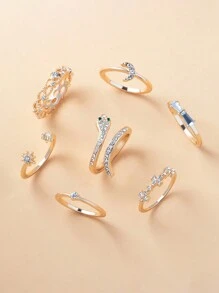 7 件时尚水钻镶嵌心形和几何设计戒指套装，时尚珠宝配饰 - 多色-7pcs/set - 查看 2