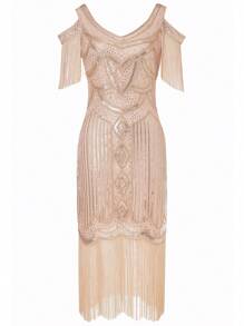BABEYOND Womens 1920s Flapper Dress Vintage Long Fringe Dress Roaring 20s Sequins Beaded Dress - 玫瑰金 - 查看 5