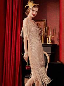 BABEYOND Womens 1920s Flapper Dress Vintage Long Fringe Dress Roaring 20s Sequins Beaded Dress - 玫瑰金 - 查看 1