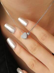 1pc Fashionable Minimalist Versatile Heart Shaped Copper Rhinestone Pendant Necklace, Suitable For Women's Daily Wear, Valentine's Day Gift - Silver - View 6