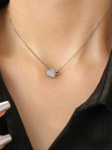 1pc Fashionable Minimalist Versatile Heart Shaped Copper Rhinestone Pendant Necklace, Suitable For Women's Daily Wear, Valentine's Day Gift - Silver - View 5