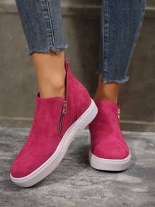 女士踝靴，酒红色靴子，平底女鞋，新款鞋，带拉链的踝靴 - 玫紅色 - 查看 4