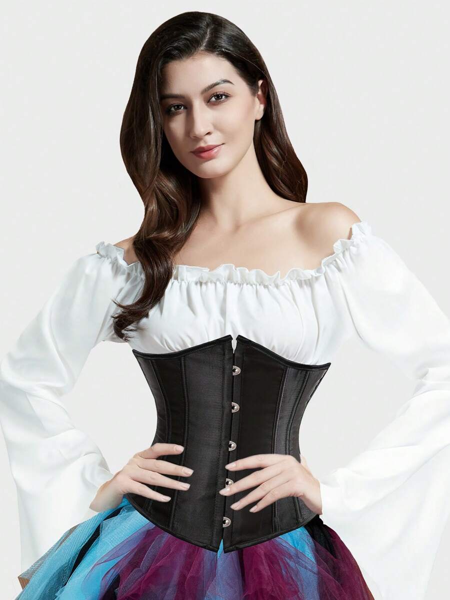 Underbust Corsets For Women,Corset Belt Tummy Control Lace Up Satin Corset,Under Boob Corset Women's Lingerie & Shapewear - 黑色 - 查看 1
