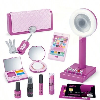 Kids Pretend Play Makeup Toy Set, Girls Handbag, Phone, Car Key, Cosmetics Playset, Learning Dress Up, Suitable For Birthday, New Year Gift