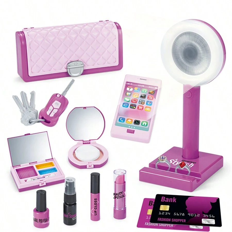 儿童过家家化妆玩具套装，包含女孩手提包、手机、车钥匙、化妆品玩具套装，学习换装，适合生日、新年礼物 - 彩色 - 查看 1