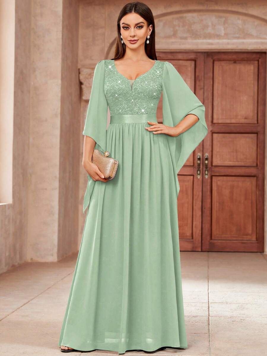 MIUSOL Đầm maxi dự tiệc trang trọng cổ chữ V sâu, đính sequin, phối ren hoa, chất liệu chiffon, thanh lịch dành cho nữ, thích hợp cho mùa xuân.