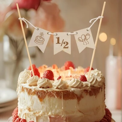 1 件蛋糕装饰木制半岁生日一周岁蛋糕装饰木制横幅雕刻生日派对甜点装饰用品礼物