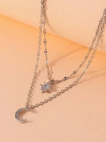 1pc Minimalist Elegant Sweet Cute Rhinestone Star & Moon Double Layer Necklace, Suitable For Women, Wedding, Daily Wear, Holiday - Silver - View 4