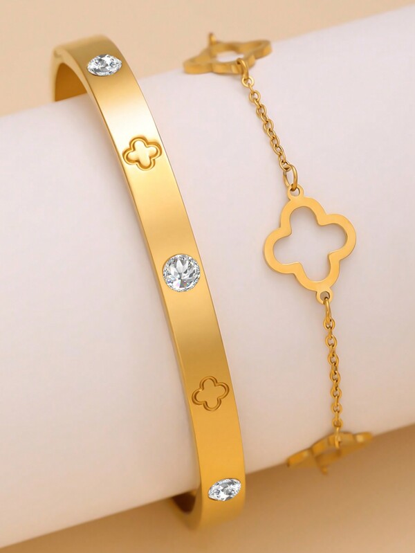 European & American Fashion Stainless Steel Zirconia Flower Design Bracelet Set For Women, Suitable For Party, Gathering And Daily Wear Valentines