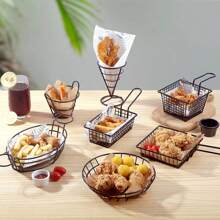 1 件金属面包篮、炸鸡小吃篮、炸食品盘、爆米花碗、炸薯条架、迷你炸薯篮、炸鸡小吃盘、炸鸡翅小吃篮食品容器，用于盛放快餐、水果、汉堡包、土豆 - 黑色 - 查看 4