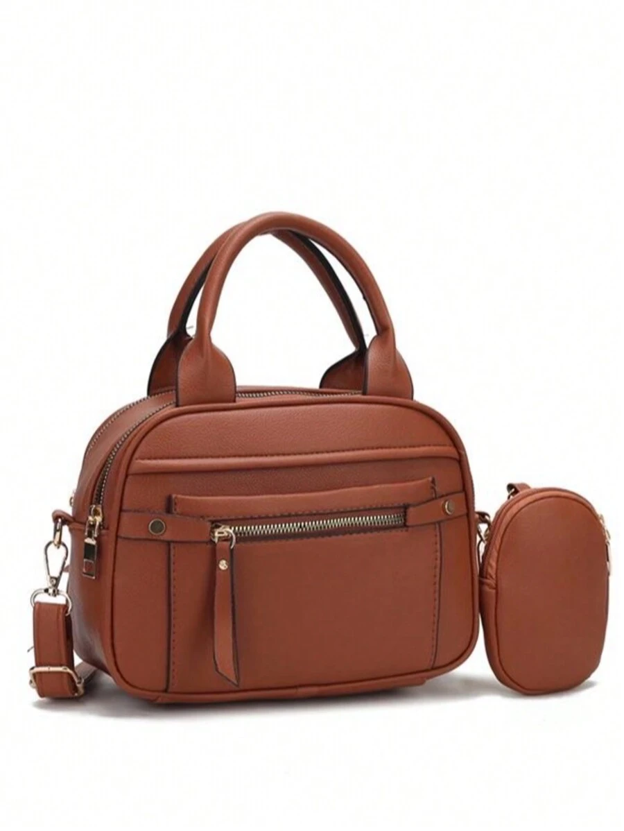 Modern Women's Handbag With Multiple Zippers For Carrying - Maroon - View 1