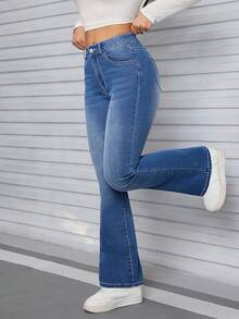 Heavy Weight Micro Flare Embroidered Pocket Stretch Denim Casual Pants - Blue - View 4