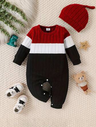 Conjunto de pelele de manga larga y gorro de felpa con bloques de color para bebé niño