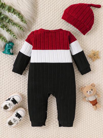 Baby Boy Fashionable Color-Block Long Sleeve Fleece Jumpsuit + Hat Set