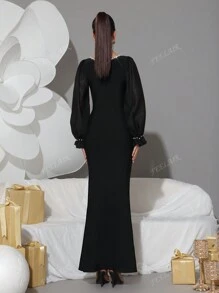 New Elegant Women's Sequin Rhinestone Pearl Decor Long Sleeve Bodycon Dress, Formal Evening Party Gown, Wedding Guest Dress