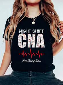 Night Shirt Cna Graphic T-Shirt Women Summer Fashion Short Sleeved Tshirt Tee Tops Printed O-Neck Casual T Shirt Women's Clothing - 黑色 - 查看 1