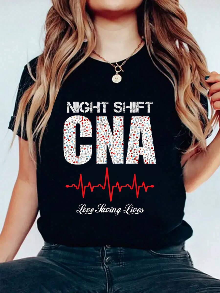 Night Shirt Cna Graphic T-Shirt Women Summer Fashion Short Sleeved Tshirt Tee Tops Printed O-Neck Casual T Shirt Women's Clothing - 黑色 - 查看 1