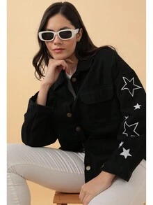 Asist, Women Long Sleeve, Embroidery Details, Snap Button, Front Placket, Collar Neck Details, Flap Pocket - Black - View 2