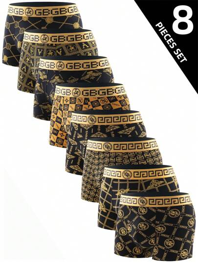 8 pièces Boxers de luxe pour hommes, imprimé noir et doré, taille basse. Shorts de sport respirants et confortables, élastiques. Sous-vêtements décontractés pour une utilisation quotidienne.