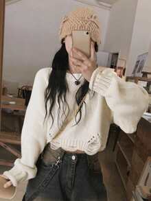 女士休闲街头风格宽松破洞毛衣、长袖上衣 - 杏色 - 查看 3