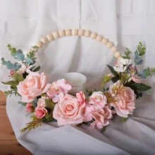 1pc Spring Floral Wreath, Boho Wall Decor With Wooden Beads And Artificial Roses, Suitable For Front Door, Indoor/Outdoor Decoration, All Seasons - Multicolor - View 9