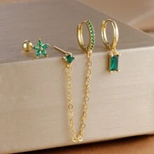 3 件套双孔链 18K 镀金耳环套装，女士适用，花朵方晶锆石、铜和不锈钢耳钉，软骨穿孔珠宝 - 3pcs Earrings set - 查看 13