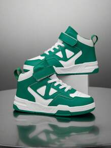 1 双儿童高帮休闲运动鞋，PU 皮革，室内户外运动跑步，易穿脱，防滑，透气，舒适，男孩和女孩的全新时尚风格 - 綠色 - 查看 2