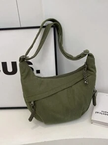 Fashionable Yellow Nylon Waterproof Shoulder Bag With Simple & Casual College Style, Wide Strap, Multiple Zipper Design Suitable For Students, Shopping, Daily Use, Shoulder Bag For School - 綠色 - 查看 4
