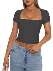 Women Short Sleeve Crop Tops Solid Color U-Neck Casual T-Shirts Summer Slim Fit Shirts Streetwear