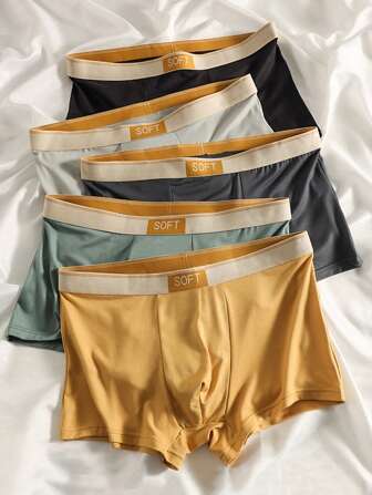 5pcs Men's Comfortable Breathable Solid Color Boxer Briefs, Men's Underwear