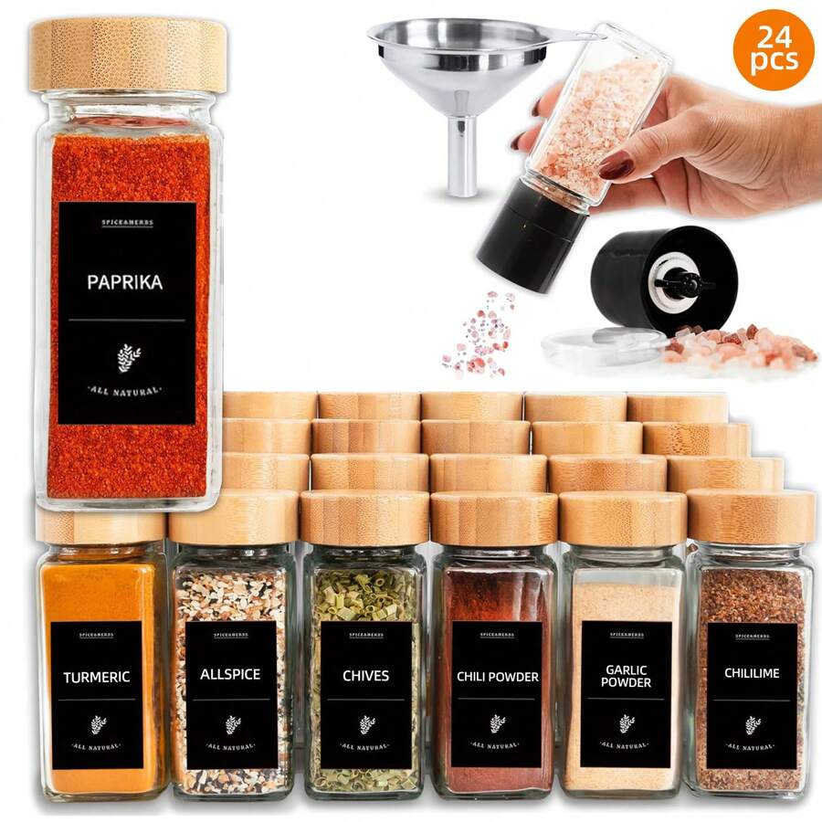 Tomnk 24pcs 4oz Spice Jars With Label And Grinder, Empty Square Spice Bottles With Shaker Lids, Metal Funnel, Seasoning Containers For Spice Rack, Drawer, Cabinet - Clear - View 1