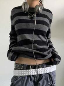 Women Y2k Striped Long Sleeve Shirts Tops Fairy Grunge Crewneck Loose Fit T Shirts E-Girl Goth Emo Punk Tees Tops Layering Shirts Vintage Aesthetic Clothes 90s Going Out Top Streetwear - 深灰色 - 查看 2