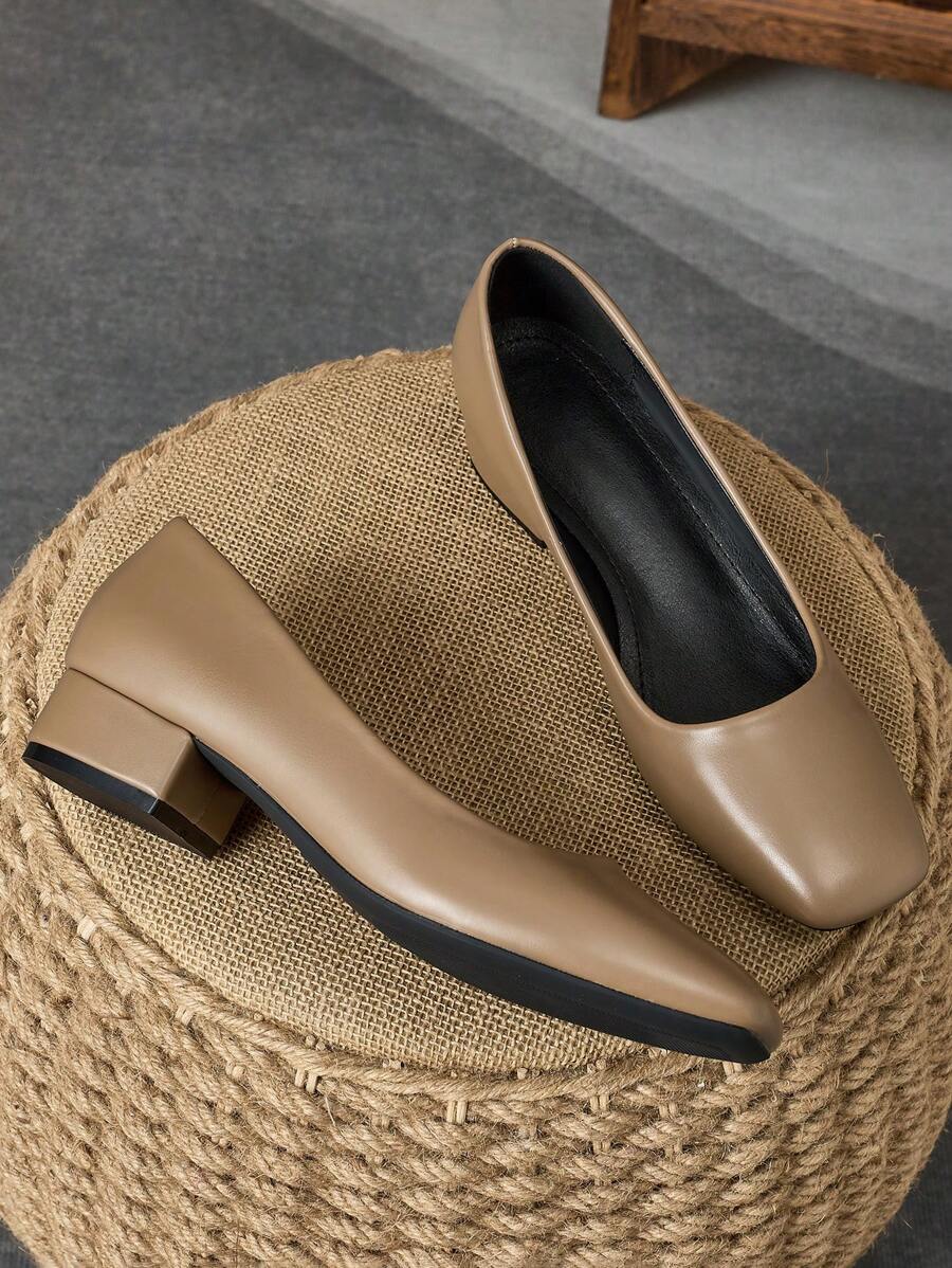 Women's Square Toe 3cm Chunky Heel Pump Shoes, Suitable For Work, Commuting, Parties And Gatherings, Retro Khaki Color, Fashionable And Versatile - Khaki - View 1