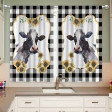 2 Panel 28"X40" Cow Farmhouse Kitchen Curtains, Rod Pocket, Short Small Sunflower Farm Animal Cattle Rustic Black White Buffalo Check Plaid, Living Room Bedroom Window Drapes Treatment