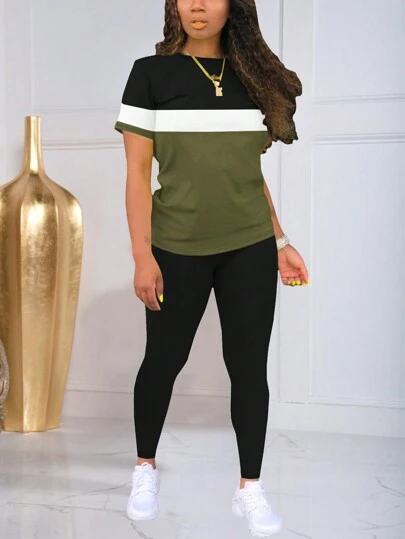Color Block Print Sports Round Neck Short Sleeve Top And Base Layer Pants Set Summer