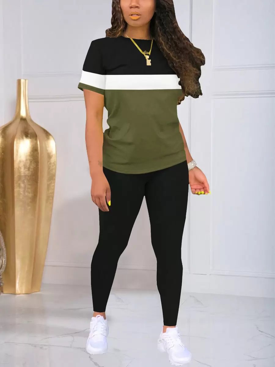 Color Block Print Sports Round Neck Short Sleeve Top And Base Layer Pants Set Summer Elegant - Dark Green - View 1
